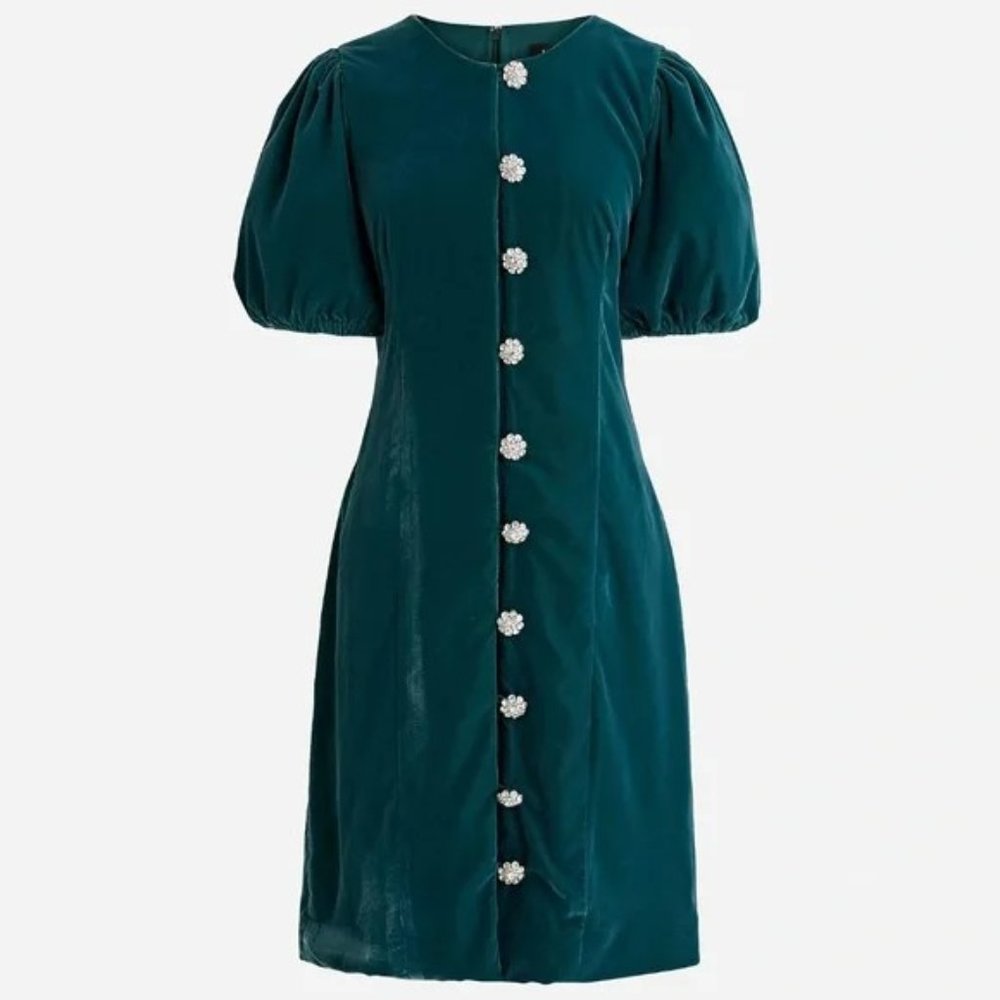J Crew Collection Jeweled Button Front Puff Sleeve Velvet Mini Dress